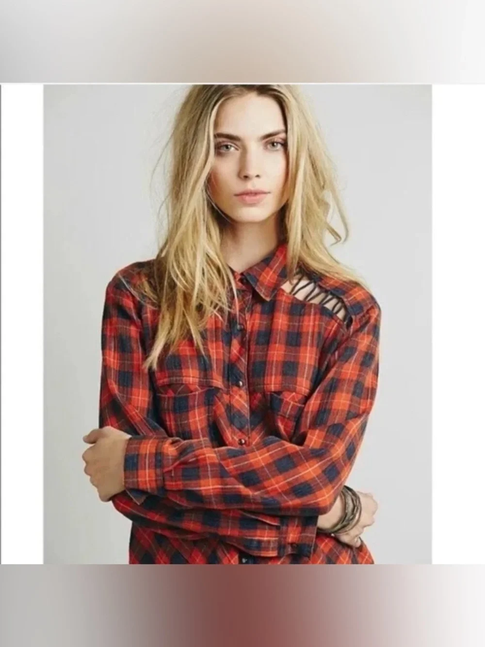 Free People Red Navy Plaid Button Down Shirt Boho Grunge Flannel Size Medium - Picture 1 of 11